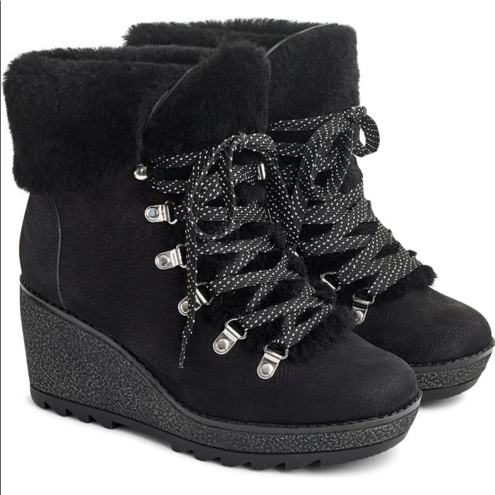 NEW! j. crew black shearling low wedge boots